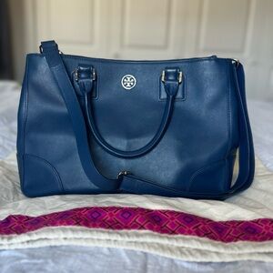 Tory Burch Large Double zip Robinson Satchel, navy blue saffiano leather